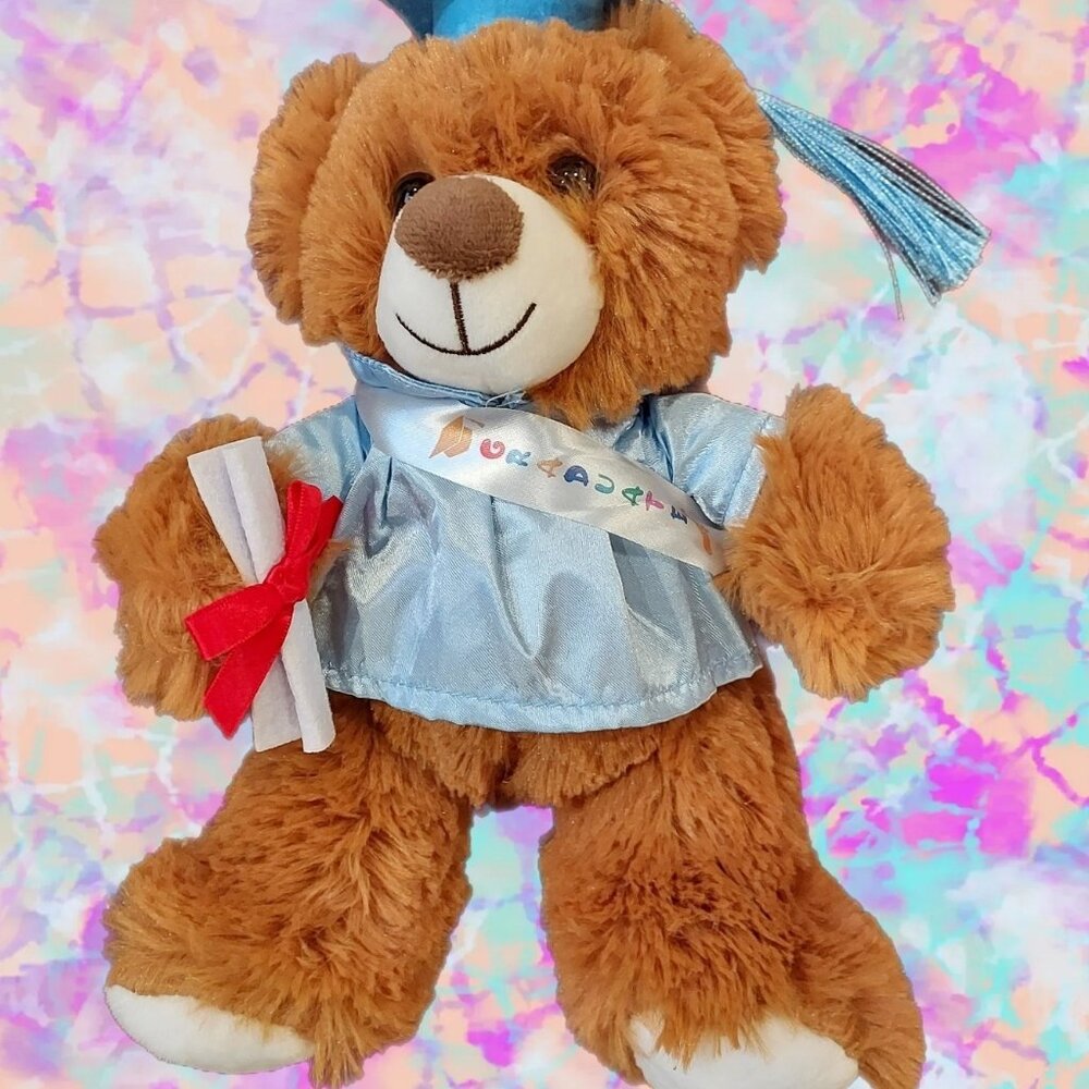 Plush Bear Graduation Baby Blue Cap and Gown Diploma 10 Inch - Picture 2 of 9